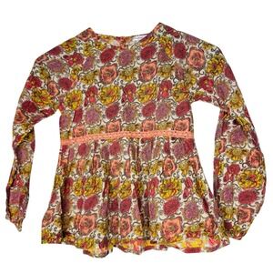 Blue Comme Gris Girls Peasant Floral Top Sz 8 Long Sleeve Lace Cottagecore Boho